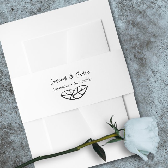 Traditionelle weiße schwarze Namen Datum zwei Blät Einladungsbanderole (Traditional White Black Names Date Twin Leaves Invitation Belly Band)