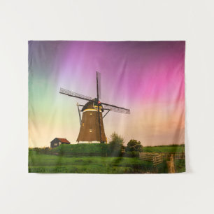 Traditionelle Windmühle unter dem Nordlicht Wandteppich