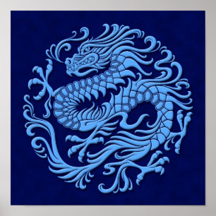 Traditioneller blauer chinesischer Drache-Kreis Poster