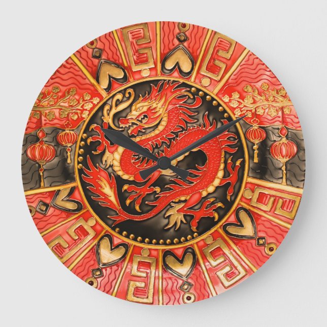 Traditioneller chinesischer Drache Red Gold Golden Große Wanduhr (Vorderseite)
