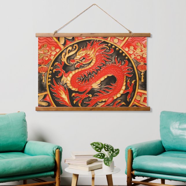 Traditioneller chinesischer Drache Red Gold Golden Wandteppich Mit Holzrahmen (Wohnzimmer)