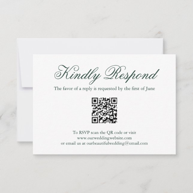 Traditioneller Forest Green Formal QR Code Hochzei RSVP Karte (Vorderseite)