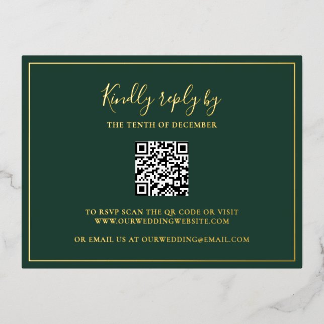 Traditioneller Forest Green QR Code Hochzeit-RSVP- Folie Einladungspostkarte (Vorderseite)