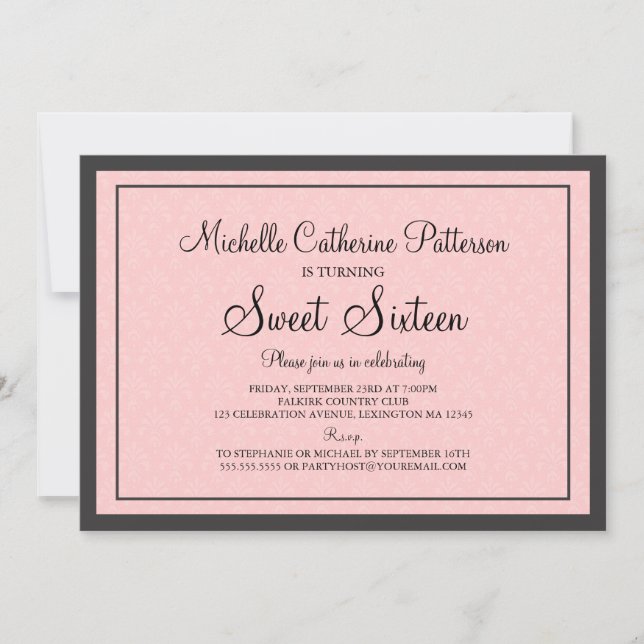 Traditioneller formaler Pink- und Schwarzer 16 . G Einladung (Vorderseite)
