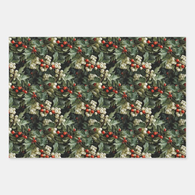 Traditioneller grüner Holly-Urlaub Geschenkpapier Set (Vorderseite)