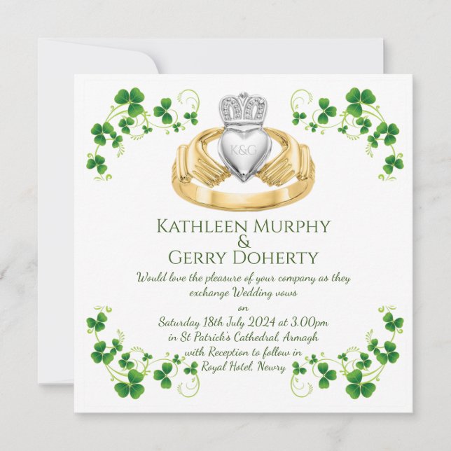 Traditioneller Irischer Claddagh Ring und Kleeblät Einladung (Vorderseite)