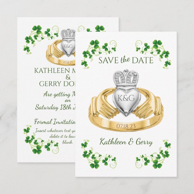 Traditioneller Irischer Claddagh Ring und Kleeblät Save The Date (Vorne/Hinten)