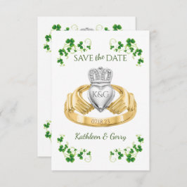Traditioneller Irischer Claddagh Ring und Kleeblät Save The Date