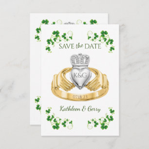 Traditioneller Irischer Claddagh Ring und Kleeblät Save The Date