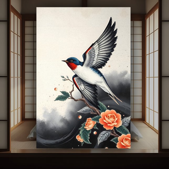 Traditioneller japanischer Elegant Flying Swallow  Poster (Swallow in flight poster art with orange rose flowers in the style of traditional Japanese art.)