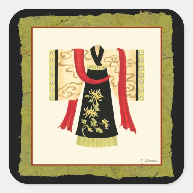 Traditioneller japanischer Kimono mit Blumendruck Quadratischer Aufkleber (Vorderseite)