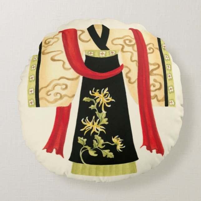 Traditioneller japanischer Kimono mit Blumendruck Rundes Kissen (Vorderseite)