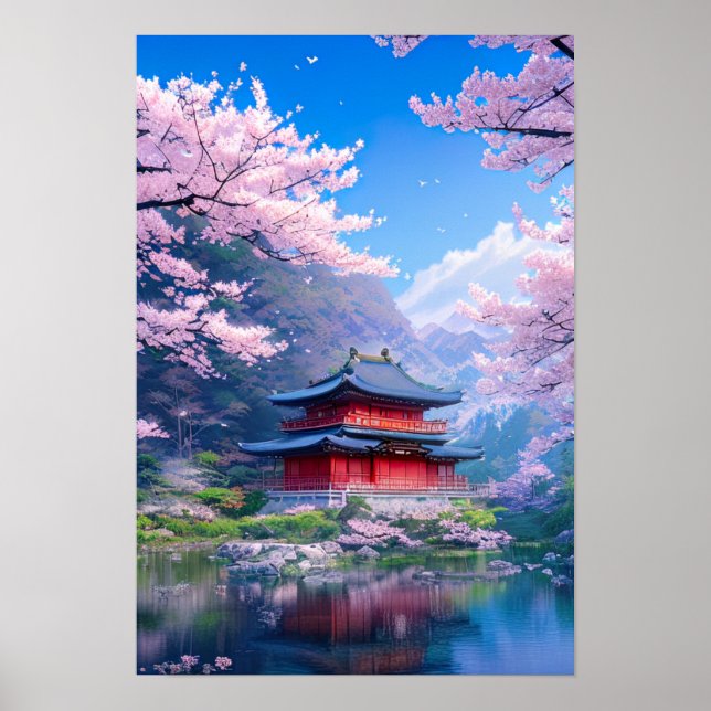 Traditioneller japanischer Tempel am Calmsee Poster (Vorne)