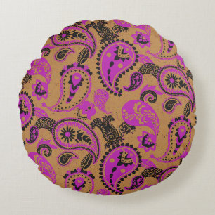 Traditioneller Paisley Linocut Vivid Pink Senf Rundes Kissen