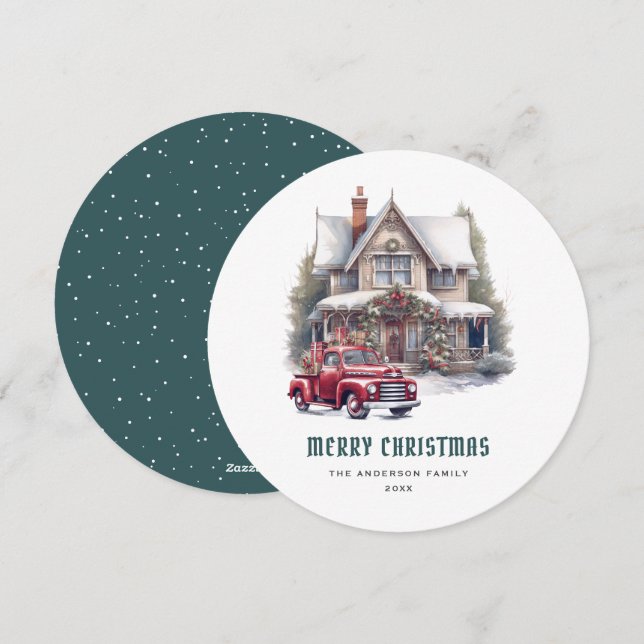 Traditioneller roter LKW Frohe Weihnachtskarte Feiertagskarte (Vorne/Hinten)