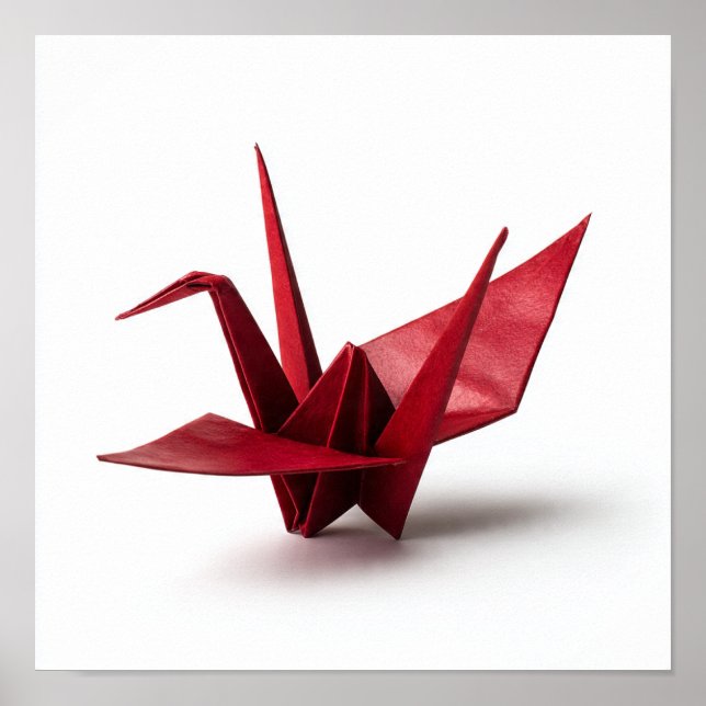 Traditioneller Roter Origami-Kran auf Weiß Poster (Vorne)