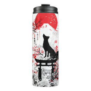 Traditioneller roter schwarzer japanischer Kitsune Thermosbecher
