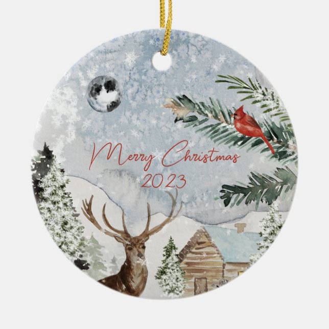 Traditioneller Snowy Winter Wonderland Roter Kardi Keramik Ornament (Vorne)