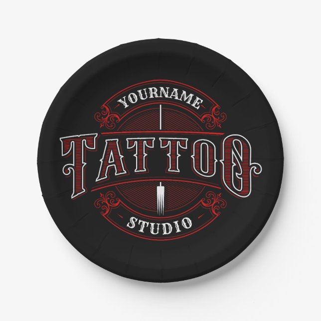 Traditioneller Stil ADD NAME Tattoo Studio Shop Pappteller (Vorderseite)