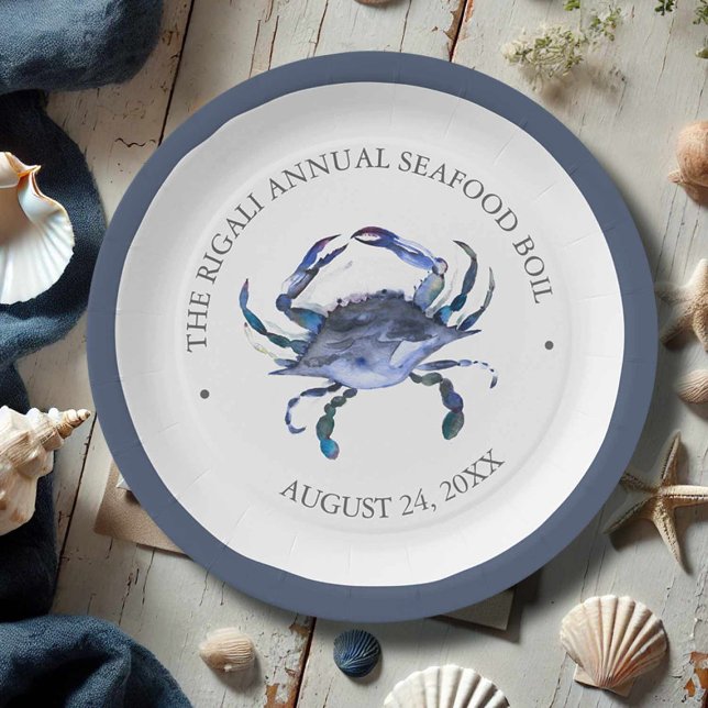 Traditioneller Südkrabbauch Pappteller (Blue crab party theme paper plates for a low country boil watercolor by Victoria Grigaliunas)