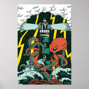 Traditioneller Tattoostil-Kraken und Leuchtturm Poster