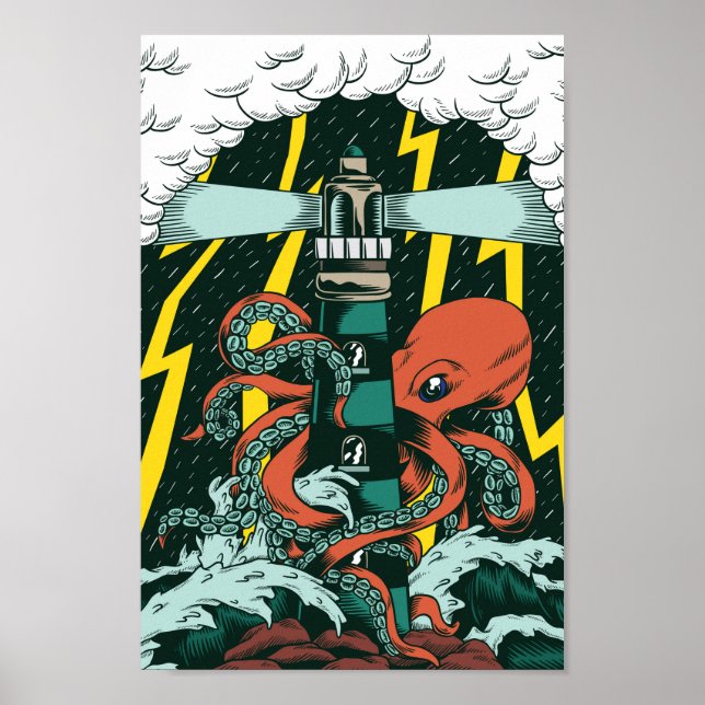 Traditioneller Tattoostil-Kraken und Leuchtturm Poster (Vorne)