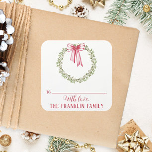 Traditioneller Weihnachtskranz in Wasserfarbe nach Quadratischer Aufkleber