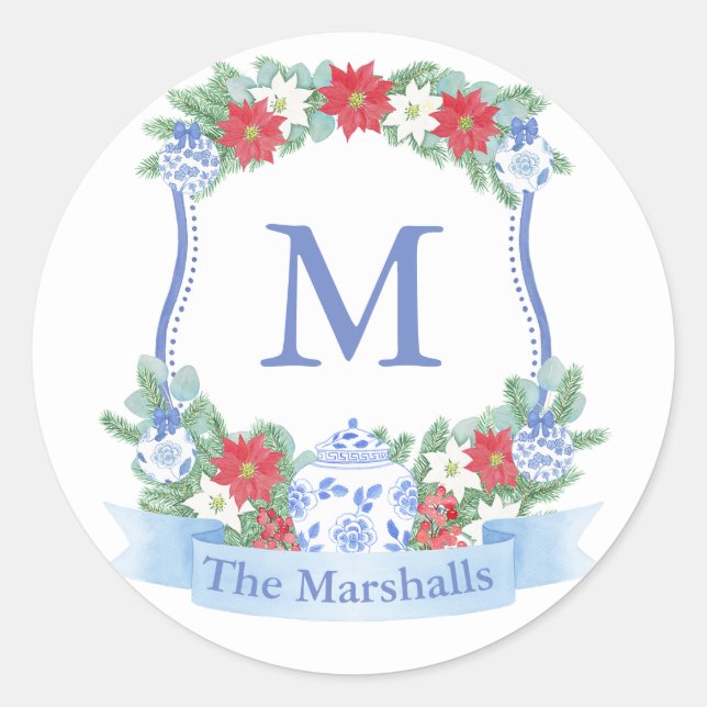 Traditioneller Weihnachtsmonogramm-Wappen-Umschlag Runder Aufkleber (Vorderseite)