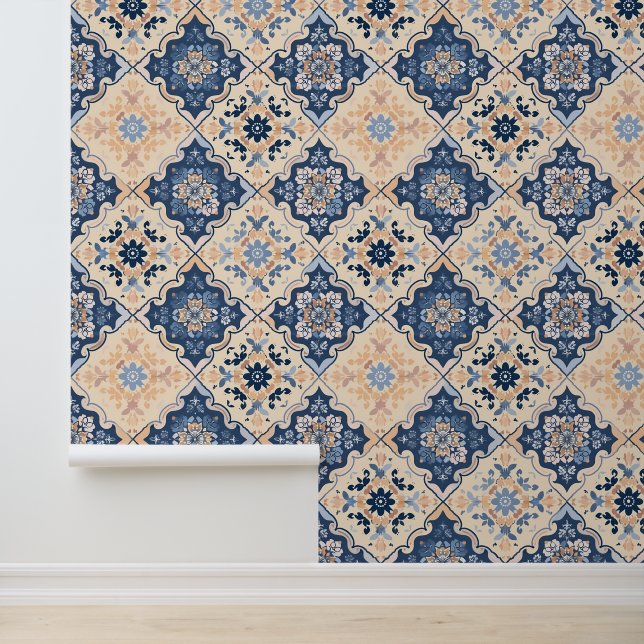 Traditionelles Bauernhaus Tile Blue Peach Geometri Tapete (Anwendung)