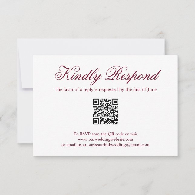 Traditionelles Bugundy-Förmliches QR-Hochzeitsszen RSVP Karte (Vorderseite)