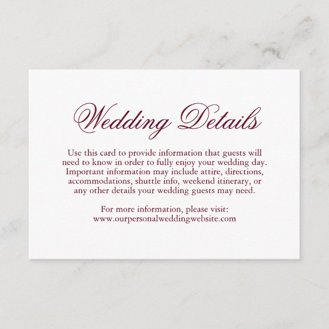 Traditionelles Burgund-Formal Elegante Hochzeit Begleitkarte (Vorderseite)