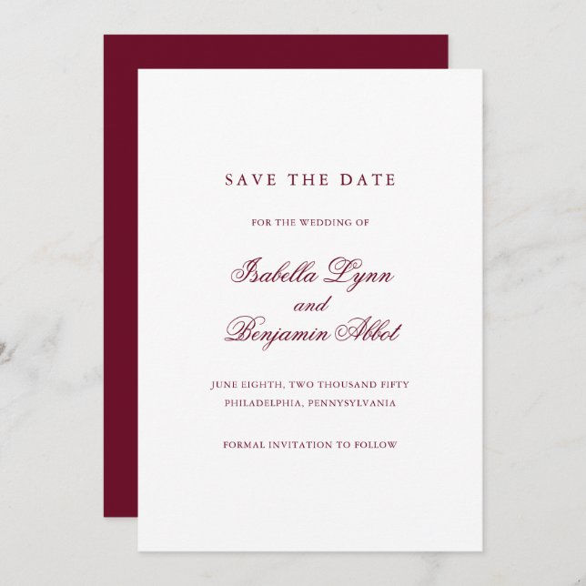 Traditionelles Burgund-Formal Elegante Hochzeit Save The Date (Vorne/Hinten)