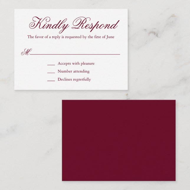 Traditionelles Burgundy Formal Mini Wedding RSVP Mitteilungskarte (Vorne/Hinten)