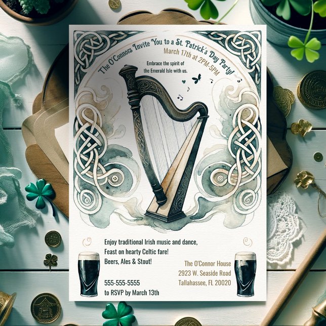 Traditionelles Celtic Harp St. Patrick's Day Party Einladung (Von Creator hochgeladen)