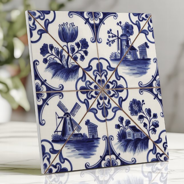Traditionelles Delft-Blumendekor und Windmühle Fliese (Von Creator hochgeladen)