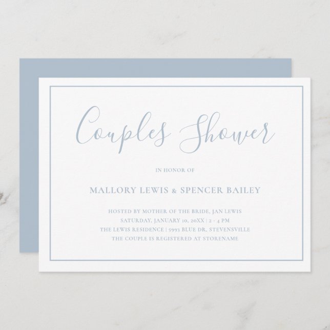 Traditionelles Dusty Blue Elegant Paare Dusche Einladung (Vorne/Hinten)
