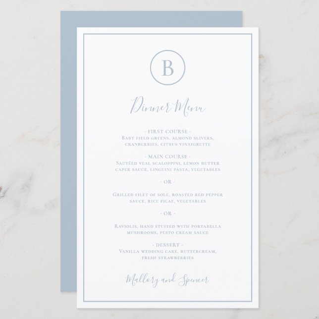 Traditionelles Dusty Blue Elegant Wedding Menu (Vorne/Hinten)