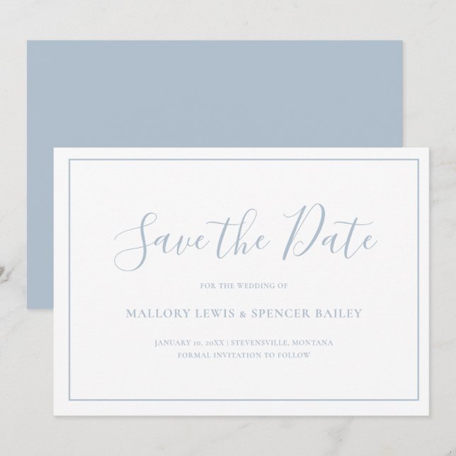Traditionelles Dusty Blue Elegante Hochzeit Save The Date (Vorne/Hinten)