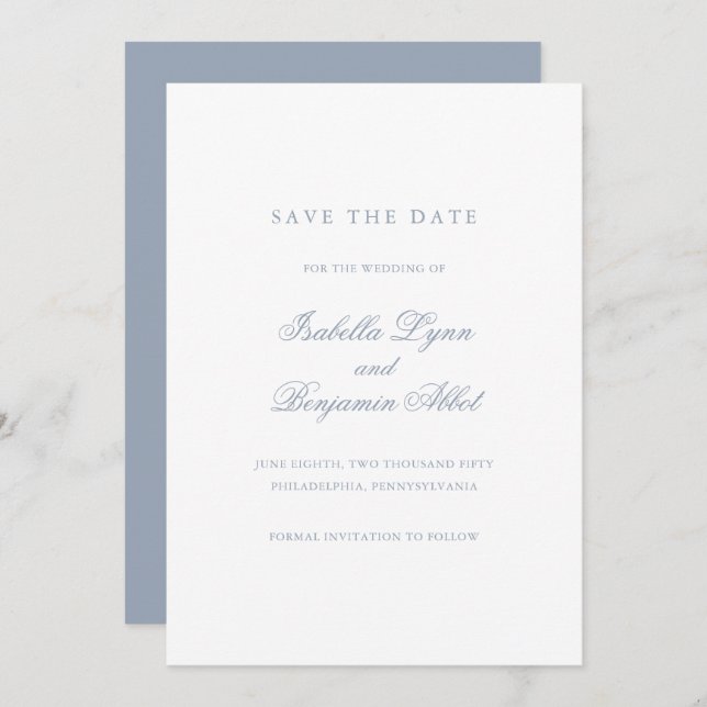 Traditionelles Dusty Blue Formal Elegante Hochzeit Save The Date (Vorne/Hinten)