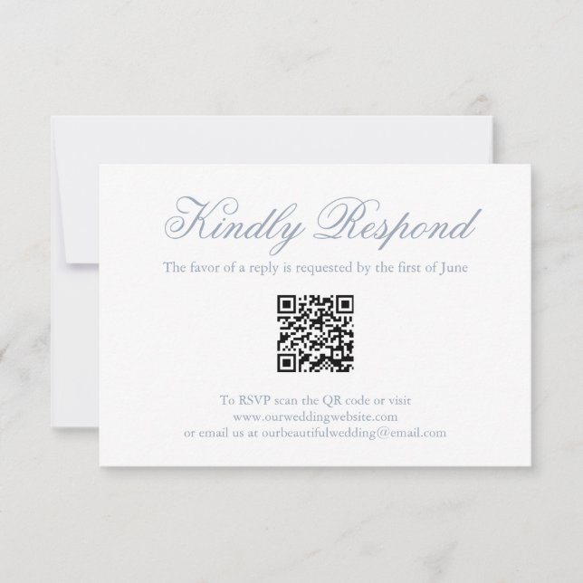 Traditionelles Dusty Blue Formal QR Code Hochzeit RSVP Karte (Vorderseite)