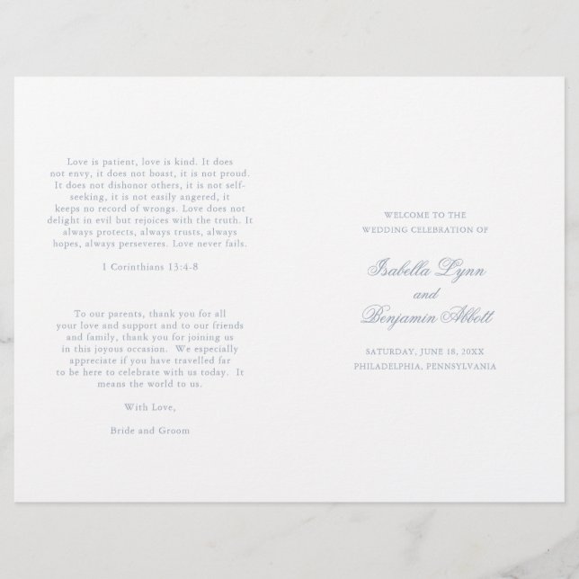 Traditionelles Dusty Blue Formal Wedding Programm (Vorderseite)