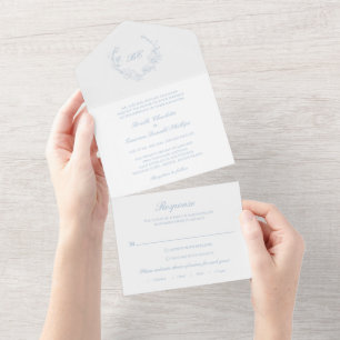 Traditionelles Dusty Blue Monogram Elegant Wedding All In One Einladung