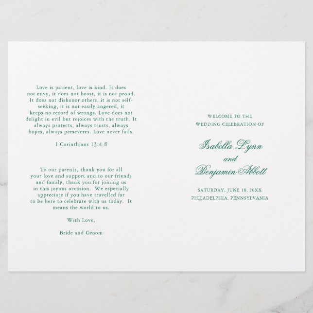 Traditionelles Emerald Green Formal Wedding Progra (Vorderseite)