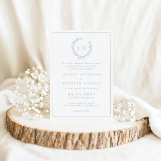 Traditionelles Formal Leaf Wappen Dusty Blue Weddi Einladung