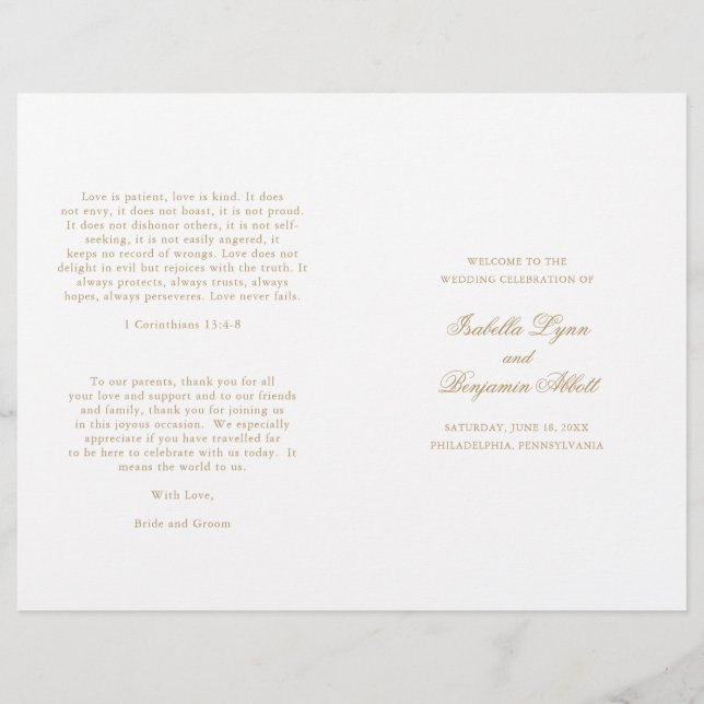 Traditionelles Gold formale Hochzeitsprogramm (Vorderseite)