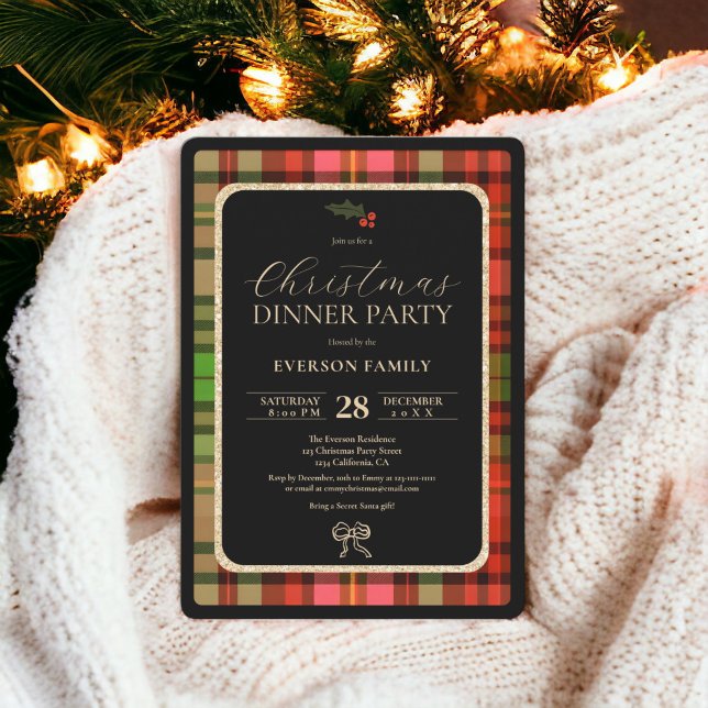 Traditionelles goldenes festliches Kariertes Weihn Einladung (Traditional gold Festive Plaid Christmas Party Invitation)
