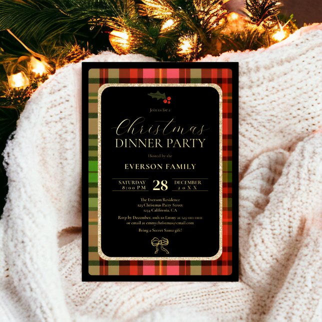 Traditionelles goldenes festliches Kariertes Weihn Folieneinladung (Traditional gold Festive Plaid Christmas Party Foil Invitation)