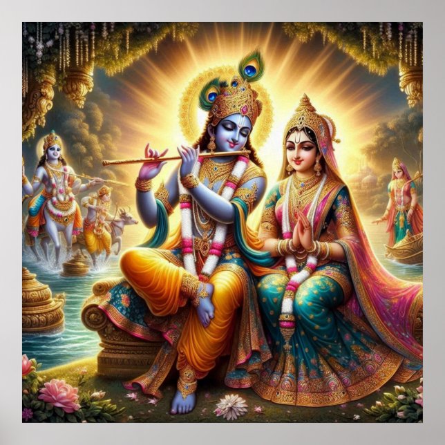 Traditionelles, göttliches Leben Radha Krishna Art Poster (Vorne)