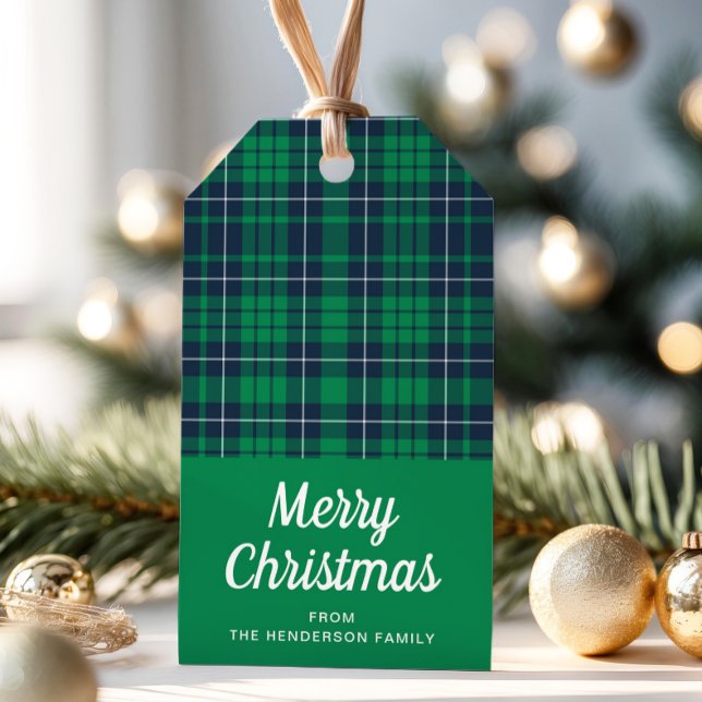 Traditionelles Grün Kariert frohe Weihnachten Geschenkanhänger (Traditional Green Plaid Merry Christmas Gift Tags)