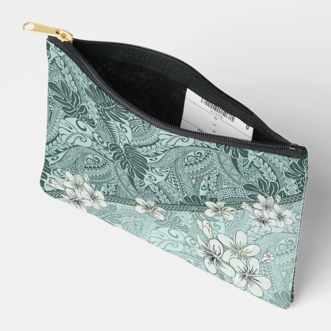 Traditionelles hawaiianisches Tapa und Plumeria Sm Zubehörtasche (Offen)